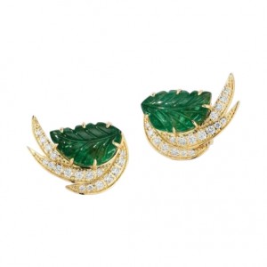 18K Carved Emerald Diamond Earrings